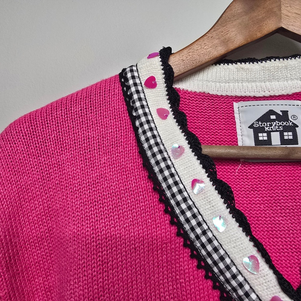 Storybook Knits Passionate Heart Cardigan Womens M Pink Embroidered Grandmacore - Picture 4 of 14